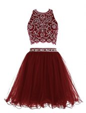 Best Selling Scoop Burgundy Sleeveless Mini Length Beading Clasp Handle Prom Dresses