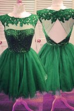 Delicate Knee Length Backless Prom Gown Dark Green for Prom and Party with Beading