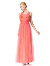 Classical Scoop Beading and Bowknot Dress for Prom Watermelon Red Zipper Sleeveless Floor Length