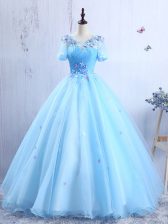 Fine Scoop Appliques and Ruching Baby Blue Lace Up Short Sleeves Floor Length