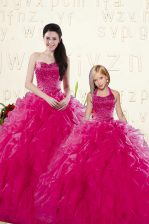 Custom Made Fuchsia Sweetheart Lace Up Beading and Ruffles Ball Gown Prom Dress Sleeveless
