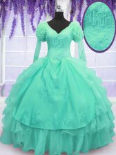  Turquoise Organza Lace Up 15 Quinceanera Dress Long Sleeves Floor Length Beading and Embroidery and Hand Made Flower