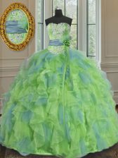Best Multi-color Lace Up Sweetheart Beading and Appliques and Ruffles and Sashes ribbons and Hand Made Flower Quinceanera Dresses Organza Sleeveless