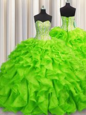 Visible Boning Organza Sleeveless Floor Length Quinceanera Dresses and Beading and Ruffles