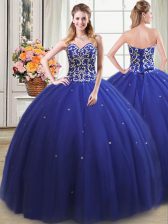  Floor Length Royal Blue Quinceanera Dresses Tulle Sleeveless Beading