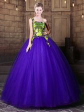  Blue Ball Gowns Tulle One Shoulder Sleeveless Pattern Floor Length Lace Up Sweet 16 Quinceanera Dress