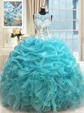 Fitting Scoop Sleeveless Organza 15th Birthday Dress Appliques and Ruffles and Pick Ups Zipper