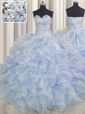 Fashionable Light Blue Organza Lace Up Sweet 16 Dress Sleeveless Floor Length Beading and Ruffles