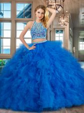 Suitable Scoop Backless Tulle Sleeveless Floor Length Sweet 16 Dress and Beading and Ruffles