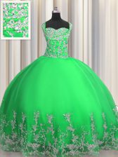 Superior Tulle Straps Sleeveless Lace Up Beading and Appliques 15th Birthday Dress in Apple Green
