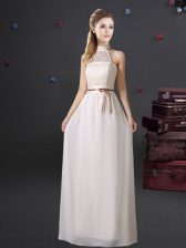  White Halter Top Neckline Lace and Belt Quinceanera Court of Honor Dress Sleeveless Lace Up