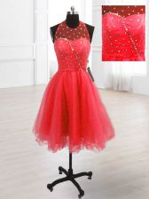 Nice Sequins High-neck Sleeveless Lace Up Prom Dress Coral Red Organza