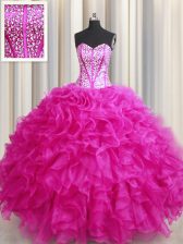 Comfortable Visible Boning Bling-bling Floor Length Hot Pink Quinceanera Dresses Sweetheart Sleeveless Lace Up