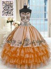  Ruffled Sweetheart Sleeveless Lace Up Quince Ball Gowns Rust Red Organza and Taffeta