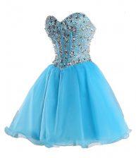 Dazzling Sleeveless Organza Mini Length Lace Up Prom Dress in Blue with Beading