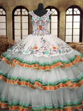  V-neck Sleeveless Quinceanera Gown Floor Length Embroidery and Ruffled Layers Multi-color Organza