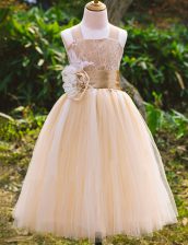 Fancy Lace Toddler Flower Girl Dress Champagne Lace Up Sleeveless Floor Length