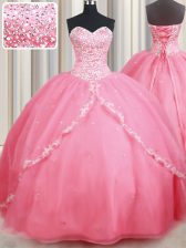 With Train Watermelon Red 15th Birthday Dress Organza Brush Train Sleeveless Beading and Appliques