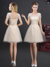 Affordable Mini Length Champagne Quinceanera Court Dresses Tulle Short Sleeves Lace and Appliques and Belt