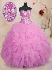 Sumptuous Lilac Sweet 16 Quinceanera Dress Military Ball and Sweet 16 and Quinceanera with Beading and Ruffles Sweetheart Sleeveless Lace Up