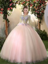 Exquisite Scoop Peach Long Sleeves Floor Length Appliques Lace Up 15 Quinceanera Dress