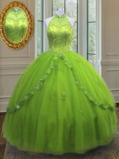 Modern Yellow Green High-neck Neckline Beading and Appliques Quinceanera Gown Sleeveless Lace Up
