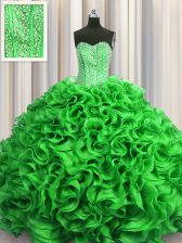 Super Visible Boning Floor Length Green Vestidos de Quinceanera Organza Sleeveless Beading and Ruffles