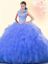 Luxury Blue High-neck Backless Beading and Ruffles Ball Gown Prom Dress Sleeveless