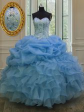 Hot Sale Blue Ball Gowns Sweetheart Sleeveless Organza Floor Length Lace Up Beading and Pick Ups Quinceanera Gowns