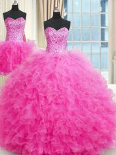 Romantic Three Piece Rose Pink Quinceanera Gowns Military Ball and Sweet 16 and Quinceanera with Beading and Ruffles Strapless Sleeveless Lace Up