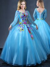  Floor Length Baby Blue Sweet 16 Dresses V-neck Long Sleeves Lace Up