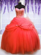 Cute Coral Red Ball Gowns Tulle Sweetheart Sleeveless Beading and Bowknot Floor Length Lace Up Quinceanera Dress