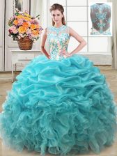 Custom Made Aqua Blue Ball Gowns Scoop Sleeveless Organza Floor Length Lace Up Beading and Ruffles Ball Gown Prom Dress