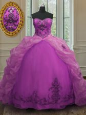  Fuchsia Sleeveless With Train Beading and Appliques and Pick Ups Lace Up 15 Quinceanera Dress