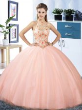 Chic Halter Top Peach Sleeveless Embroidery Floor Length Sweet 16 Quinceanera Dress