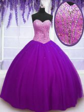 Superior Floor Length Eggplant Purple Quince Ball Gowns Tulle Sleeveless Beading