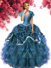 Elegant Sleeveless Floor Length Beading and Ruffles and Pick Ups Lace Up 15th Birthday Dress with Teal
