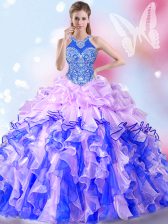  Halter Top Multi-color Sleeveless Floor Length Beading and Ruffles and Pick Ups Lace Up Quince Ball Gowns
