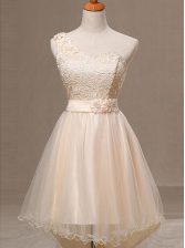 Admirable One Shoulder Lace and Pleated and Hand Made Flower Prom Party Dress Champagne Lace Up Sleeveless Knee Length