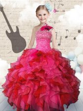 Classical One Shoulder Hot Pink Sleeveless Beading and Ruffles Floor Length Little Girl Pageant Dress