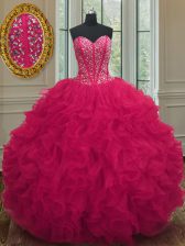 Dramatic Coral Red Sweetheart Lace Up Beading and Ruffles Quinceanera Dresses Sleeveless