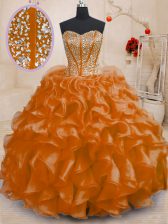 Latest Orange Quince Ball Gowns Military Ball and Sweet 16 and Quinceanera with Beading and Ruffles Sweetheart Sleeveless Lace Up