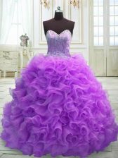  Sleeveless Beading and Ruffles Lace Up Quince Ball Gowns with Purple Sweep Train
