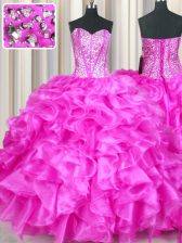 Noble Fuchsia Organza Lace Up Quinceanera Dresses Sleeveless Floor Length Beading and Ruffles