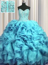  Visible Boning Bling-bling With Train Aqua Blue Quinceanera Dresses Sweetheart Sleeveless Brush Train Lace Up