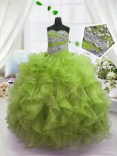  Sleeveless Organza Floor Length Lace Up Party Dress for Girls in Olive Green with Beading and Ruffles