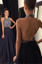 Glamorous Halter Top Black A-line Beading Prom Dresses Backless Satin Sleeveless With Train