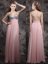  Baby Pink Empire Chiffon V-neck Sleeveless Beading and Sequins Floor Length Zipper Prom Evening Gown