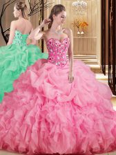 Affordable Pick Ups Sweetheart Sleeveless Brush Train Lace Up Quince Ball Gowns Rose Pink Organza