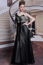 Edgy Black Asymmetric Neckline Beading and Appliques and Hand Made Flower Prom Dress 3 4 Length Sleeve Side Zipper